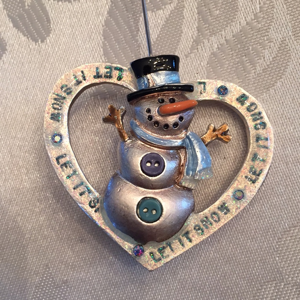 Silver tone “Let it snow” snowman heart brooch